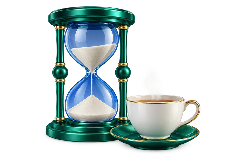 Hourglass and tea for a calm break
