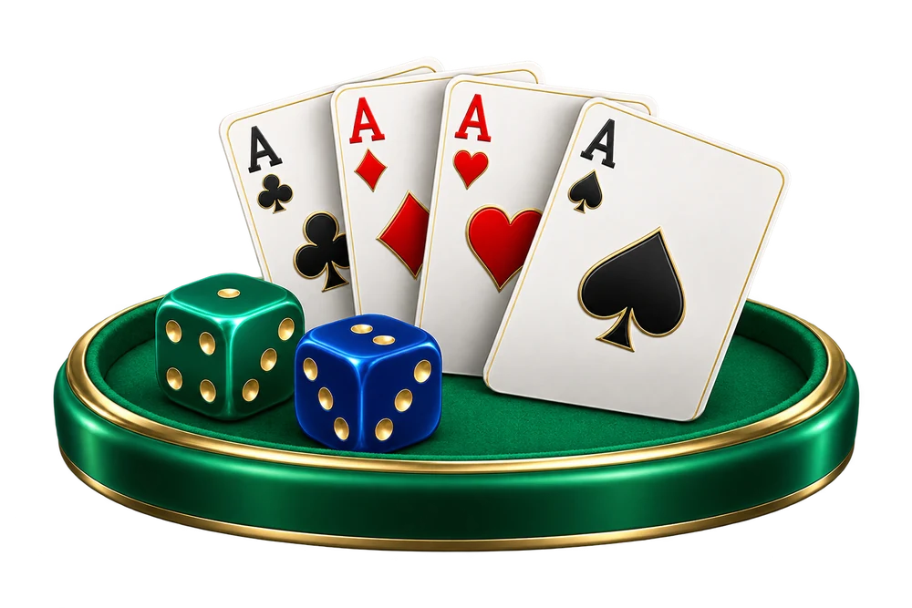 Playing cards and dice on an emerald tray
